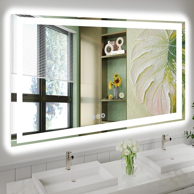 55x36 LED Bathroom Mirror, 6000LM, Separate Front and Back Lights | UL Certified,Shatter-Resistant Tempered Glass,Auto-Off Defogger,3 Color Modes,Smooth Dimming,Smart Memory Setting