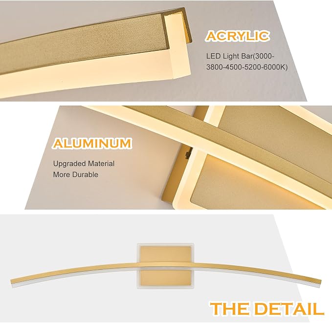 Benkut Modern LED Wall Sconce Gold LED Bathroom Light Fixtures Over Mirror Wall Lighting for Bathroom, Dimmable Long Vanity Light for Bathroom Living Dining Room(5CCT 31.5Inch)