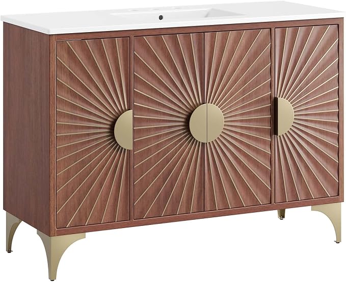 Modway Daylight Bathroom Vanity Cabinet with Ceramic Basin, 48" Single Sink, White Walnut
