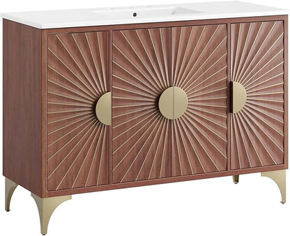 Modway Daylight Bathroom Vanity Cabinet with Ceramic Basin, 48" Single Sink, White Walnut