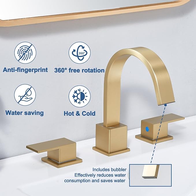 Brushed Gold Bathroom Faucet 3 Hole, Waterfall 8 Inch Widespread Gold Bathroom Sink Faucets with Pop-up Drain and Supply Hoses, 360° Swivel Spout 2-Handle Sink Faucet for Bath Vanity