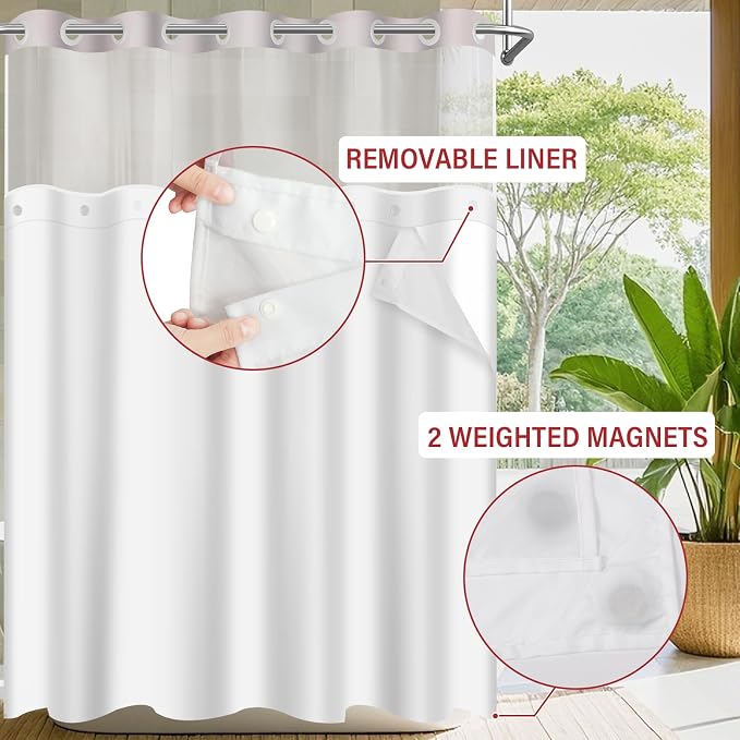 No Hook Shower Curtain with Snap in Liner Set, Red, 71x86 | Waterproof Fabric for Bathroom, Modern Hotel Style Ombre Design, Mesh Top Window, Machine Washable, Quick Install