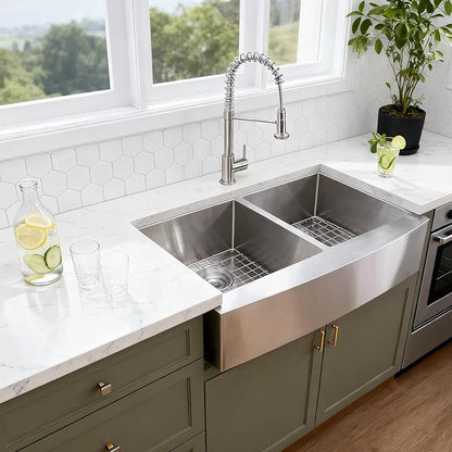 33 Inch Double Bowl Divided 50/50 Farmhouse Sink, 33x21 Stainless Steel Undermount Apron Front Farm Kitchen Sink