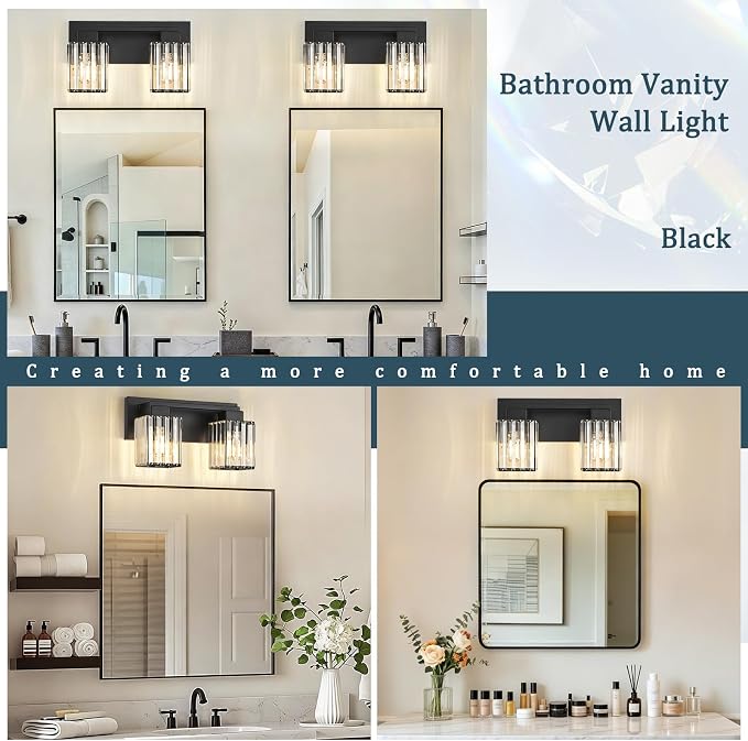 2-Light Black Crystal Vanity Light Bathroom Lighting Fixtures Over Mirror | Wall Sconces with Square Crystal Shades, E26 Socket, Modern Vanity Lights for Bathroom (Bulbs Not Included)