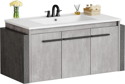 DWVO Modern 36" Bathroom Vanity with Sink Combo, Wall Mounted, White + Gray, 2 Soft-Close Doors, 1 Large Storage Cabinet, Ceramic Sink, Bathroom Storage