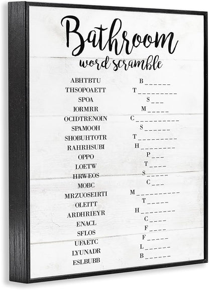 Stupell Industries 'Bathroom Word Scramble White and Black Word Design', Framed Giclee Art, Black, 24 x 30 Inches, Easy to Hang and Sturdy, Made in USA, by Lil' Rue