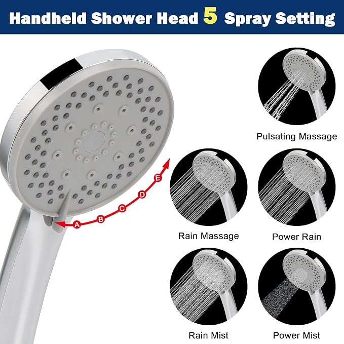 NearMoon Shower Head with Hose, High-Pressure Stainless Steel 8'' Rain Shower and 5 Settings Handheld Shower Spray Combo with Push Button Flow Control for Easy Operation (Chrome)