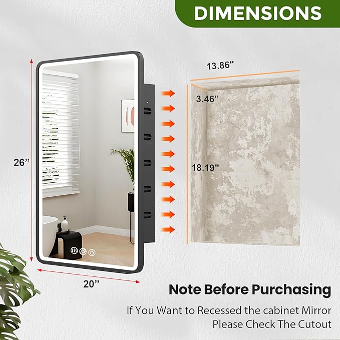 LED Medicine Cabinet Mirror for Bathroom 20x26 Inch, Recessed Medicine Cabinets with Lights, Anti-Fog Bathroom Mirror with Storage, Black Metal Frame, Adjustable Shelves, 3 Color Dimming