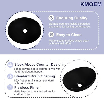 Vessel Sink 16"x13" Oval Bathroom Sink Modern Black Porcelain Ceramic Above Counter Drop-in Vanity Sink for Bathrooms Art Basin