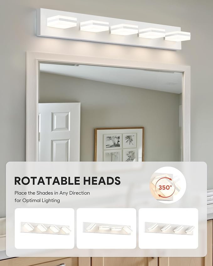 VONLUCE LED Modern Bathroom Vanity Light Fixture, Matte White | 34'', 5-Light, 3CCT, 360° Rotate, High CRI, Flicker-free, Dimmable, Memory Function, Waterproof IP44, Easy Installation
