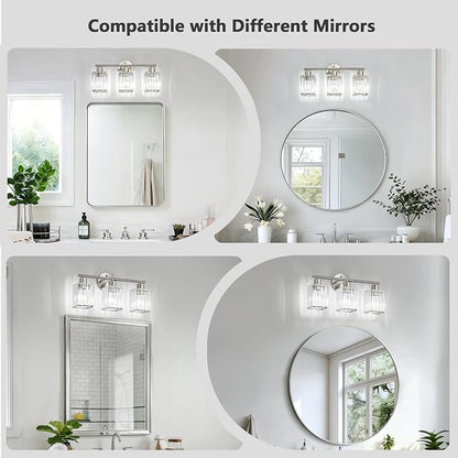 3 Light Bathroom Light Fixtures, Modern Crystal Vanity Lights over Mirror | Metal Frame, Bathroom Light with Square Crystal Shade, ETL Certified, E26 Ceramic Socket, Bulbs Not Included