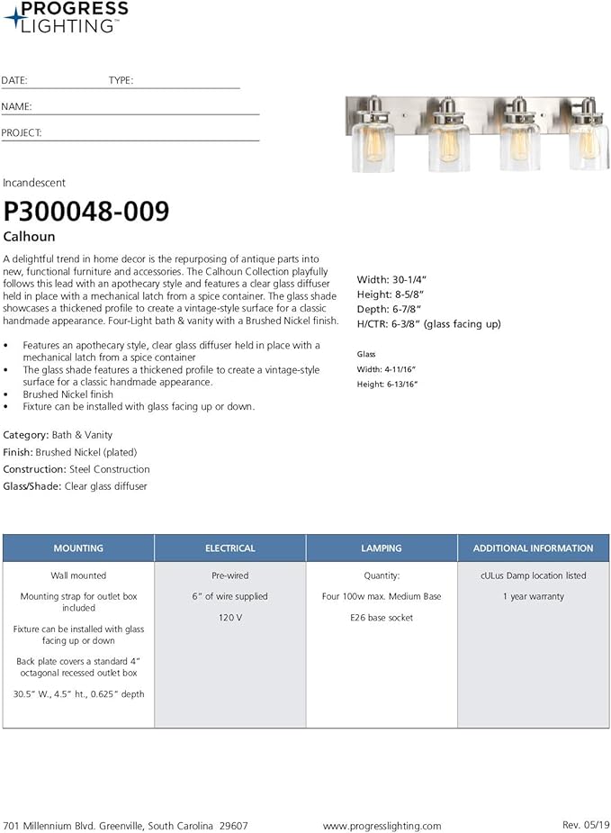 Progress Lighting P300048-009 Calhoun Collection Clear Glass Farmhouse Bath Vanity Light, 4-Light, Brushed Nickel
