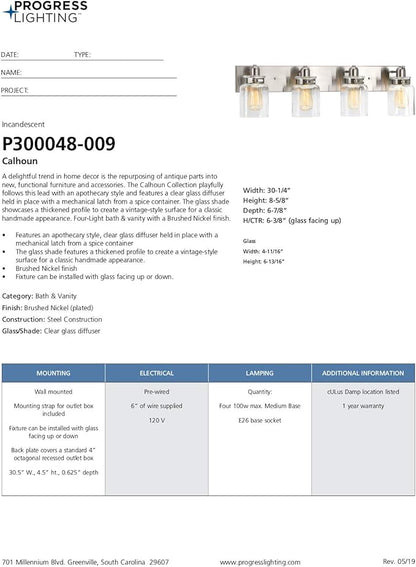 Progress Lighting P300048-009 Calhoun Collection Clear Glass Farmhouse Bath Vanity Light, 4-Light, Brushed Nickel