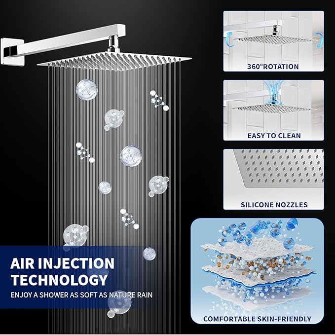 BWE 10 Inch Square Bathroom Luxury Rain Mixer Shower Combo Set Wall Mounted Shower Kit Rainfall Shower Head System Polished Chrome Shower Faucet Rough-in Valve Body and Trim Included