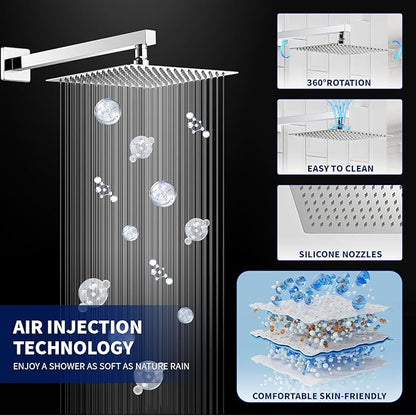BWE 10 Inch Square Bathroom Luxury Rain Mixer Shower Combo Set Wall Mounted Shower Kit Rainfall Shower Head System Polished Chrome Shower Faucet Rough-in Valve Body and Trim Included