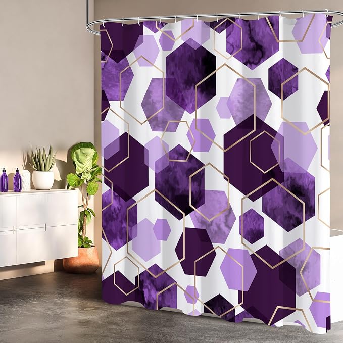 Litabel Small Stall Shower Curtain Set, Geometric Bathroom Decor 36x72 | Narrow Half Modern Minimalist Shower Curtais, Purple Geometric Art Print Abstract Waterproof Bath Curtain