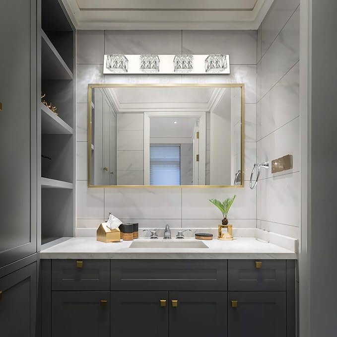 4 Lights Bathroom Vanity Light - Crystal Modern Vanity Lights for Bathroom - Dimmable 24W LED Chrome Bath Light Fixtures Over Mirror Cool White Light