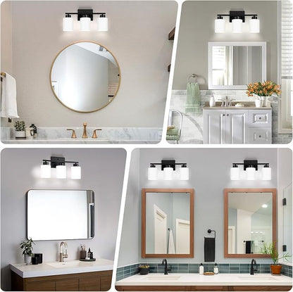 Black Bathroom Light Fixtures, 3-Light Modern Vanity Light Over Mirror, Wall Sconces with Milky White Frosted Glass Shades, E26 Socket (Bulbs Not Included)