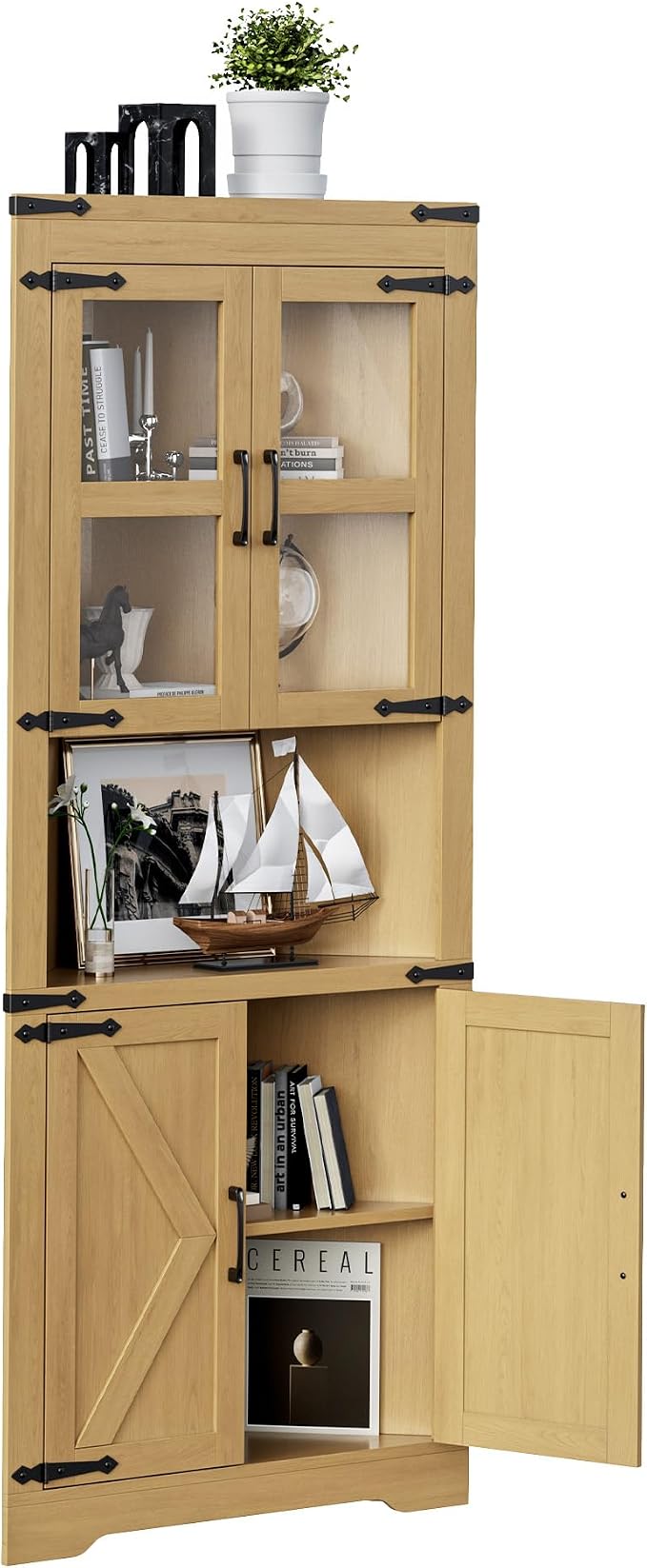 GarveeHome 67" Tall Corner Storage Cabinet, Farmhouse Corner Hutch Display Cabinet with Glass Doors, Wooden Storage Organizer for Kitchen, Living Room, Bathroom, Natural