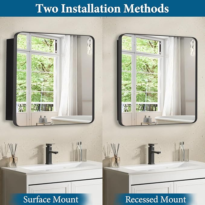 24’’x24’’ Medicine Cabinet,Metal Framed Medicine Cabinet Mirror with Round Corner,Recessed and Surface Mount Bathroom Mirror with Storage, Removeable Shelves,Dark Gray Frame