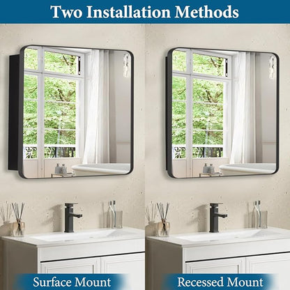 24’’x24’’ Medicine Cabinet,Metal Framed Medicine Cabinet Mirror with Round Corner,Recessed and Surface Mount Bathroom Mirror with Storage, Removeable Shelves,Dark Gray Frame