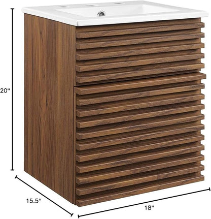 Modway Render 18" Wall-Mount Bathroom Vanity in Walnut White