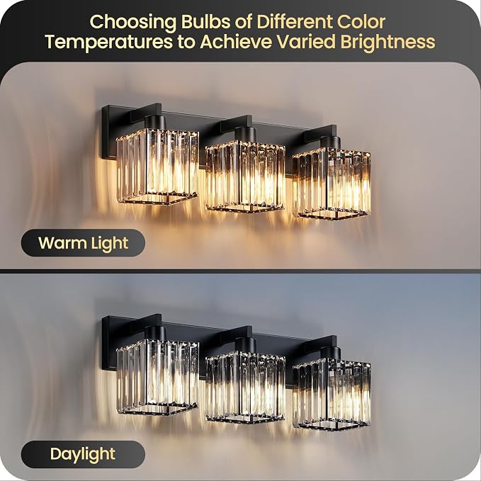Modern Crystal Vanity Light, 3-Light Bathroom Light Fixture, 22" Square Vanity Lighting Fixture, E26 Base, Bulbs Not Included, for Bathroom,Vanity Light Over Mirror, Hallway,Black B06BD05W1