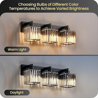 Modern Crystal Vanity Light, 3-Light Bathroom Light Fixture, 22" Square Vanity Lighting Fixture, E26 Base, Bulbs Not Included, for Bathroom,Vanity Light Over Mirror, Hallway,Black B06BD05W1