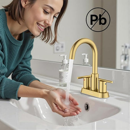 Hurran 4 Inch Bathroom Faucet for Sink 3 Hole, Gold Bathroom Faucet with Pop-up Drain and 2 Supply Hoses,Stainless Steel Lead-Free 2-Handle Centerset Faucet for Sink Vanity RV