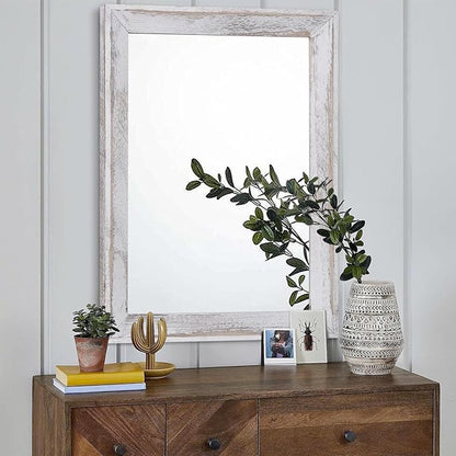AAZZKANG Mirrors for Wall Rustic Wood Framed Hanging Mirror 26"x18" Decorative for Farmhouse Bedroom Bathroom Living Room Entryway Hallway White
