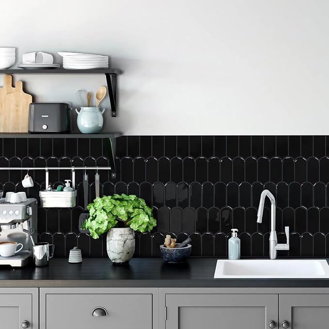 Vamos Tile Peel and Stick Backsplash,Thicker Design, Black,10 Sheets | Self Adhesive Vinyl Wall Tiles with Dark Gray Grout, Stick on Backsplash for Kitchen, Bathroom, RV