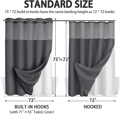 No Hook Shower Curtain and Liner Set,Dark Grey Hotel Waffle Shower Curtain with Liner 75" L x 72" W