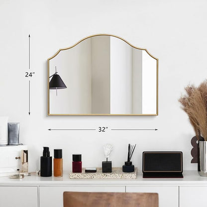 Besdomus Gold Wooden Vanity Mirror: 32"x24" Bathroom Mirrors for Over Sink | Scalloped Modern Minimalist Decorative Wall Mirror for Dresser/Mantel/Bedroom/Entryway/Fireplace/Nightstand/Dining Room