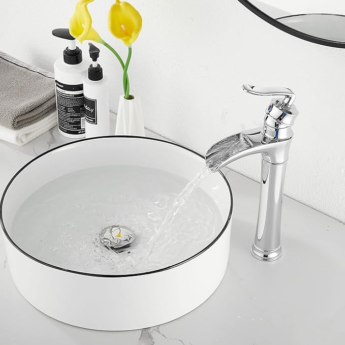 Chrome Bathroom Faucet GGStudy Waterfall Bathroom Faucet Single Handle One Hole Tall Body Farmhouse Bathroom Vessel Sink Faucet Vanity Faucet Matching with Pop Up Drain