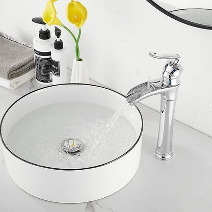 Chrome Bathroom Faucet GGStudy Waterfall Bathroom Faucet Single Handle One Hole Tall Body Farmhouse Bathroom Vessel Sink Faucet Vanity Faucet Matching with Pop Up Drain