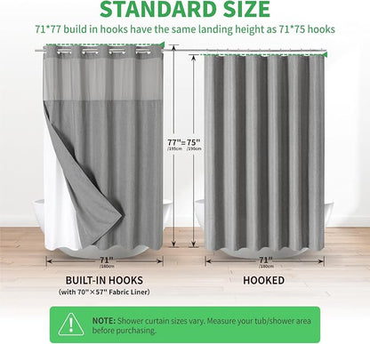 eachope No Hooks Needed Linen Textured Shower Curtain with Snap-in Fabric Liner Set,Grey Hotel Luxury Decor Shower Curtains for Bathroom,Waterproof & Washable,71Wx77H | 230GSM Thick Fabric,Hotel Luxury Decor,Mesh Top Window,Magnetic Weighted Hem,Waterp...