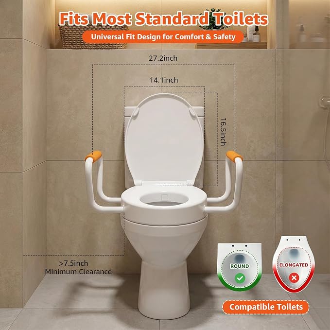 Huttdmel Round Bidet Toilet Seat with Handles, 2.8" Elevated Toilet Seat Riser, Soft Close, Quick Release, Non-Slip, No-Electric Wash, Adjustable Spray for Seniors, Elderly & Disabled,White