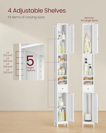 VASAGLE Tall Storage Cabinet, Slim Freestanding Floor Cabinet with Adjustable Shelves, Drawer, Open Compartments, for Small Spaces, Bathroom, Living Room, Modern, Cloud White UBBC765W01