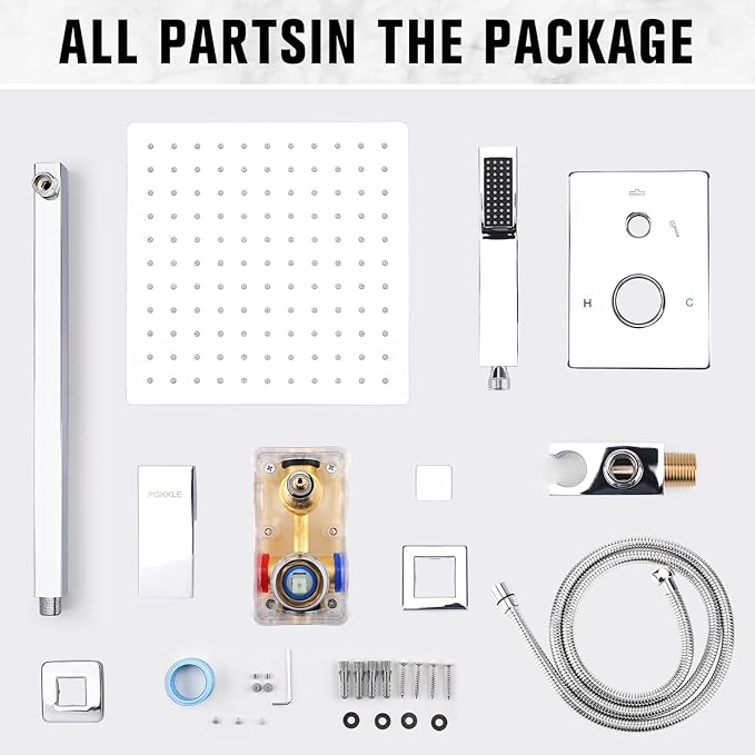 12 Inch Rainfall Shower System - Wall Mounted Complete Combo with Solid Brass Pressure Balancing Valve, High Pressure Shower Head, Handle Set & Installation Accessories Chrome