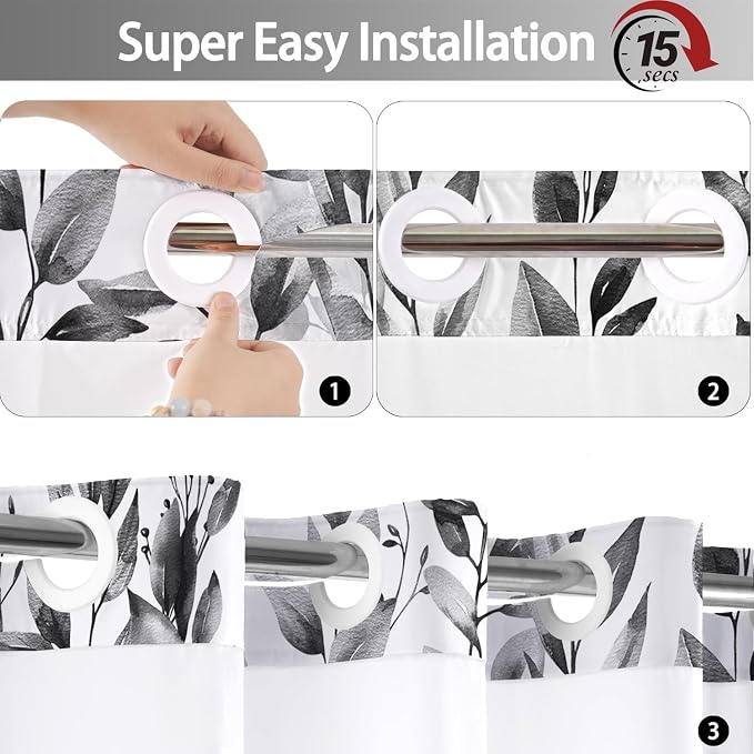 No Hook Shower Curtain and Liner Set, Grey Eucalyptus 71x84 | Floral Design, with Snap in Liner, Waterproof, Machine Washable, Quick-Drying, for Hotel Bathroom