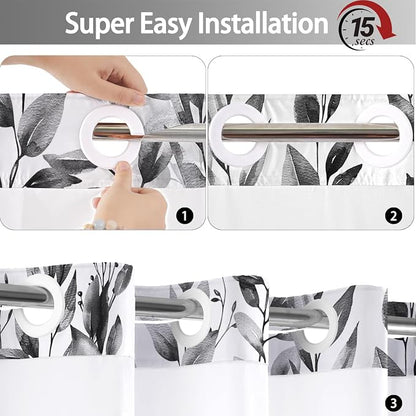 No Hook Shower Curtain and Liner Set, Grey Eucalyptus 71x84 | Floral Design, with Snap in Liner, Waterproof, Machine Washable, Quick-Drying, for Hotel Bathroom