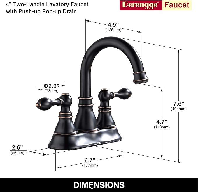 Bathroom Faucets, Centerset Lavatory Sink Faucet with 2 Handle, 3 Hole, Overflow Pop Up Drain & 4 Inch 360° Swivel Spout, F-4501-NB (Oil Rubbed Bronze)