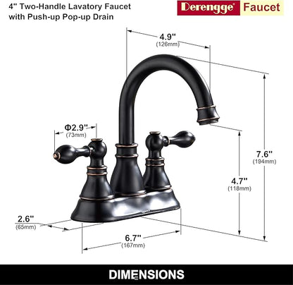 Bathroom Faucets, Centerset Lavatory Sink Faucet with 2 Handle, 3 Hole, Overflow Pop Up Drain & 4 Inch 360° Swivel Spout, F-4501-NB (Oil Rubbed Bronze)