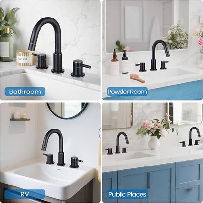 Pull-Down Bathroom Faucet 3 Hole 8 Inch with Pop-Up Drain,Oil Rubbed Bronze | 360° Swivel Spoutr & Dual Modes,8" Widespread 2-Handle, Pop-Up Drain & 10-Min Install for 3-Hole Bathroom Sink Faucets.