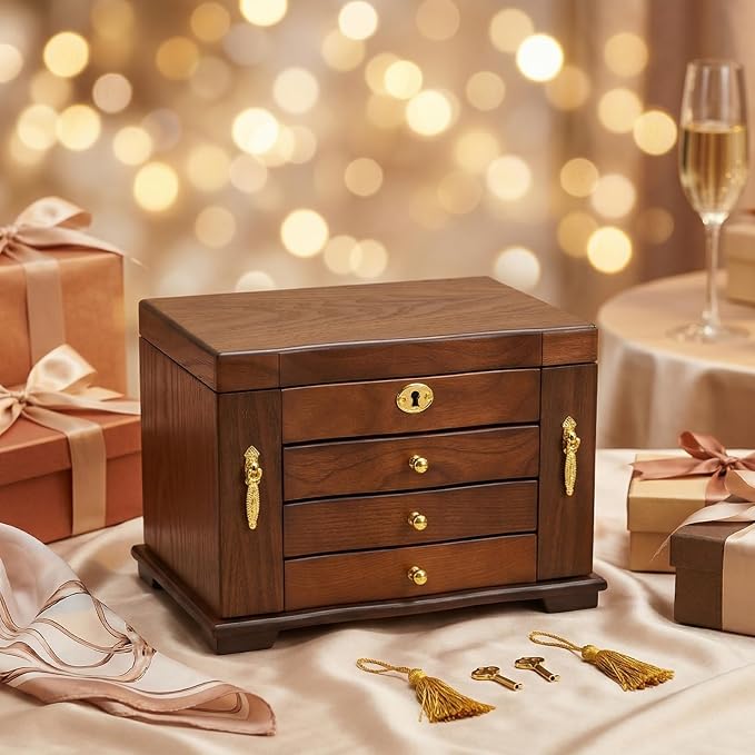 Large Wooden Jewelry Box with Mirror and Lock, 4 Layers Locking Jewelry Organizer, Watches Necklace Ring Storage Box for Women