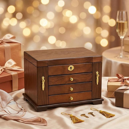 Large Wooden Jewelry Box with Mirror and Lock, 4 Layers Locking Jewelry Organizer, Watches Necklace Ring Storage Box for Women