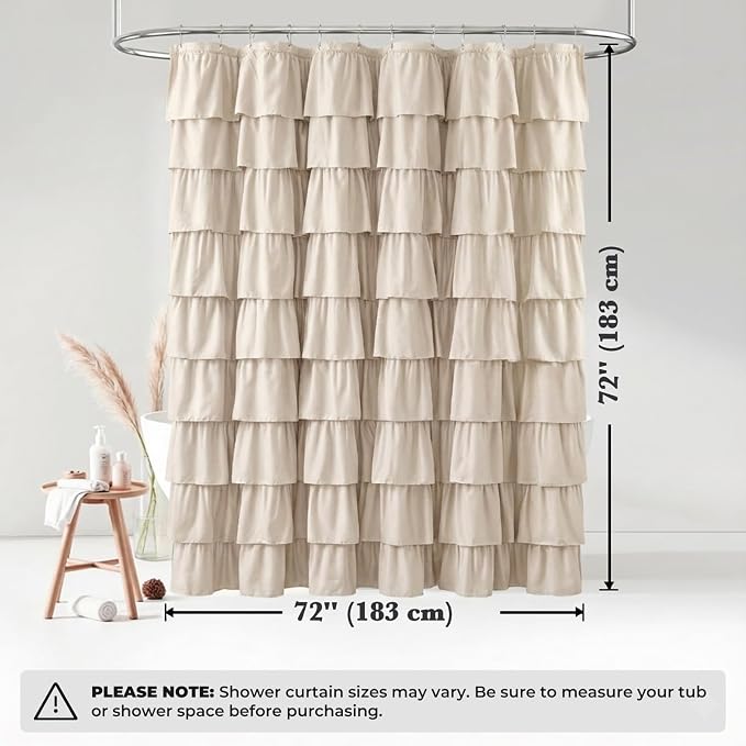 Seasonwood Small Beige Ruffle Shower Curtain Natural Farmhouse, 72"x72" | Cascading full-length fabric tiers, soft dimensional texture, vintage shabby chic styling for decorative bathroom updates