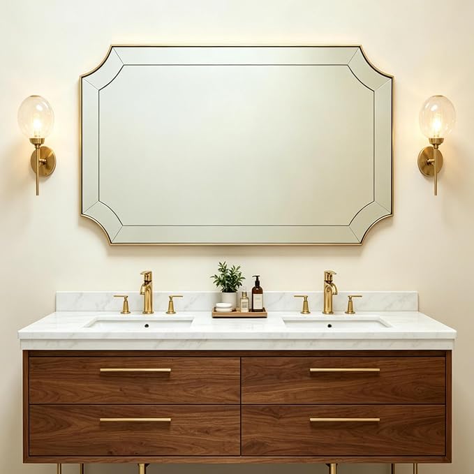 30x48 Scalloped Bathroom Mirror, Large Brushed Gold Mirror | Delicate Tessellated Glass Design, SUS304 Frame, Horizontal & Vertical