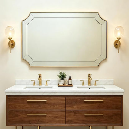 30x48 Scalloped Bathroom Mirror, Large Brushed Gold Mirror | Delicate Tessellated Glass Design, SUS304 Frame, Horizontal & Vertical