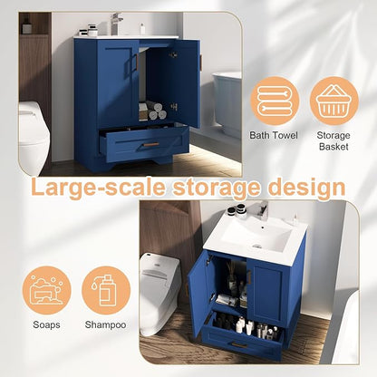 24 inch Bathroom Vanity with Sink, Modern Blue Vanity for Bathroom with Undermount Ceramic Sink, Freestanding 2-Door & 1-Drawer Storage Cabinet, for Small Bathroom Space, (Blue, 24")